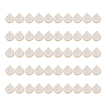 Golden Plated Alloy Charms, with Enamel, Enamelled Sequins, Flat Round, White, Letter.B, 14x12x2mm, Hole: 1.5mm, 50pcs/Box