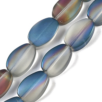 Electroplate Glass Beads Strands, Frosted, Oval, Steel Blue, 14x9x4.5mm, Hole: 1mm, about 50pcs/strand, 27.17 inch(69cm)