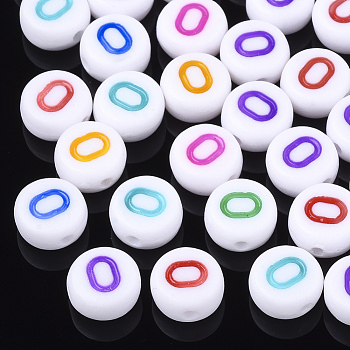 Initial Acrylic Beads, Horizontal Hole, Flat Round, Mixed Color, Letter.O, 7x3.5~4mm, Hole: 1.2mm, about 3700pcs/500g