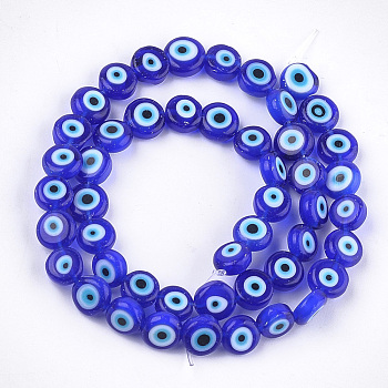 Handmade Evil Eye Lampwork Beads Strands, Flat Round, Blue, 7.5~8x3~4mm, Hole: 1mm, about 48pcs/strand, 13.7 inch~14.9 inch