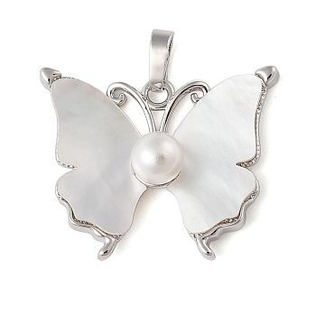 Brass Pave Shell Pendants, Butterfly Charms with ABS Imitation Pearl & Snap on Bails, Platinum, 21.5x26.5x7.5mm, Hole: 6x3.5mm