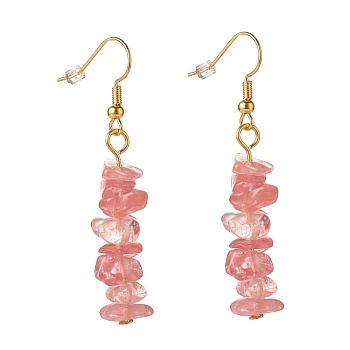 Synthetic Cherry Quartz Glass Chip Beaded Dangle Earrings, Gemstone Drop Earrings for Women, Brass Jewelry, Golden, 50~54x7~11.5x5~8mm, Pin: 0.7mm