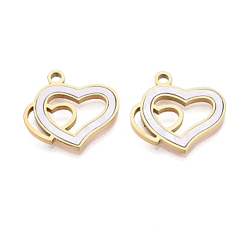 304 Stainless Steel Enamel Pendants, Double Heart Charms, Ion Plating(IP), Long-Lasting Plated, Golden, White, 16x17x1.5mm, Hole: 1.8mm