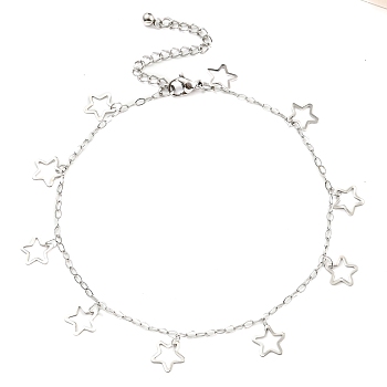 Non-Tarnish 304 Stainless Steel Cable Chain Hollow Charm Bracelets, Stainless Steel Color, Star, 9-1/8 inch(23.3cm), Star: 9x9mm