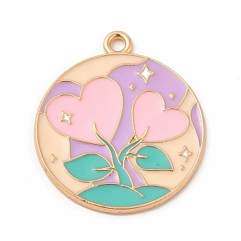 Alloy Enamel Pendants, Flat Round, Light Gold, Heart Pattern, 28x24x1mm, Hole: 2mm