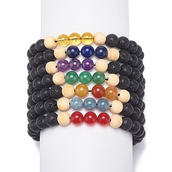 7Pcs 7 Style Natural Lava Rock & Wood  Beads & Mixed Gemstone Braided Bead Bracelets Set, Essential Oil Chakra Yoga Bracelets for Women, Inner Diameter: 2~3-1/8 inch(5.2~8cm), 7Pcs/style