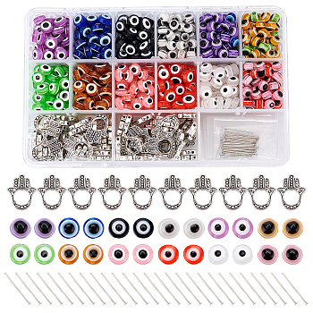 Nbeads 820Pcs DIY Evil Eye Themed Pendant Making Kits, Including Resin Beads, Hand of Miriam Alloy Bead Frames, Brass Flat Head Pins, Mixed Color, 6~7.5x5mm, Hole: 1.6~2mm