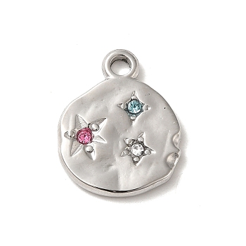 304 Stainless Steel Pendants, with Colorful Rhinestone, Flat Round with Star Charm, Stainless Steel Color, 18.5x15x2mm, Hole: 2mm