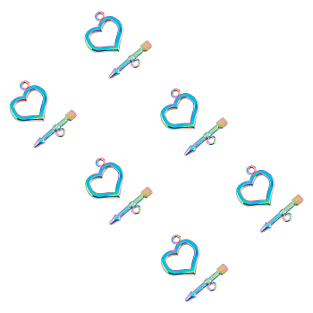 Unicraftale Vacuum Plating 304 Stainless Steel Toggle Clasps, Heart, Rainbow Color, Heart: 20x18x3mm, Hole: 2mm, 6pcs, Bar: 23.5x6.5x2.5mm, Hole: 1.8mm, 6pcs