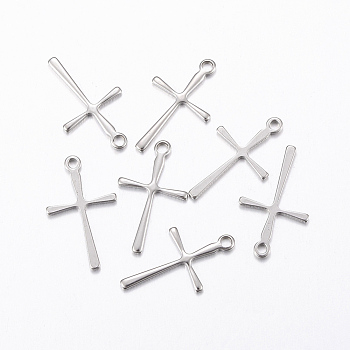 304 Stainless Steel Pendants, Cross, Stainless Steel Color, 16x9.5x0.8mm, Hole: 1mm