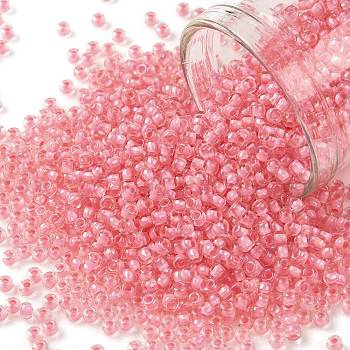 TOHO Round Seed Beads, Japanese Seed Beads, (191B) Opaque Hot Pink-Lined Rainbow Clear, 11/0, 2.2mm, Hole: 0.8mm, about 1110pcs/10g