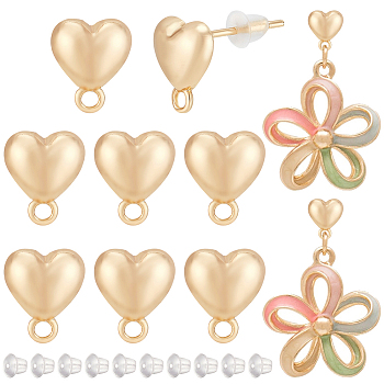 10Pcs Brass Stud Earring Findings, with Horizontal Loops, Heart, with 30Pcs Plastic Ear Nuts, Real 18K Gold Plated, 9.5x8mm, Hole: 1.2mm, Pin: 0.8mm