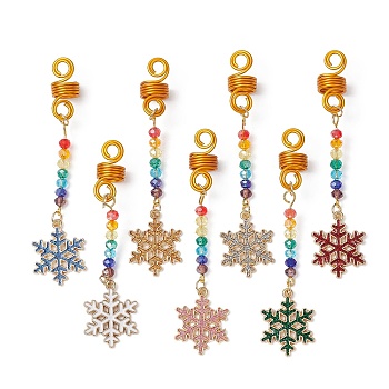 Alloy Enamel Dreadlocks Beads, Glass Bead Braiding Hair Pendants Decoration Clips, Snowfalke, Mixed Color, 83mm, 7pcs/set
