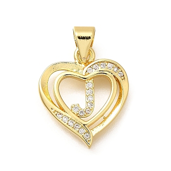 Rack Plating Brass Micro Pave Cubic Zirconia Pendants, Long-Lasting Plated, Lead Free & Cadmium Free,Real 18K Gold Plated, Heart with Letter Charms, Letter J, 17.5x15x2.5mm, Hole: 5x3mm