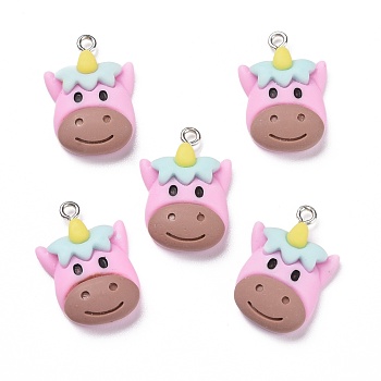 Opaque Resin Pendants, with Platinum Tone Iron Loops, Cattle, Pearl Pink, 25x17.5x6.5mm, Hole: 2mm