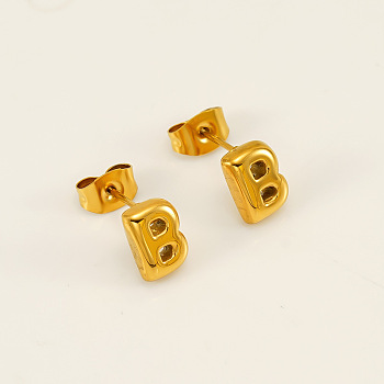 Chunk Letter 304 Stainless Steel Stud Earrings for Women, Real 18K Gold Plated, Letter B, 7.5~8.5x5~10.5mm