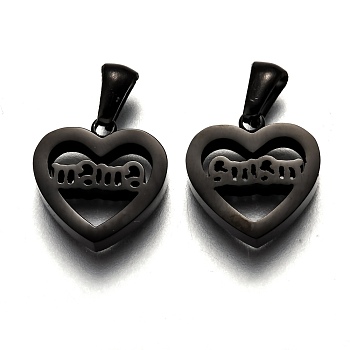 Mother's Day 304 Stainless Steel Pendants, Cut-Out, Hollow, Manual Polishing, Heart with Word Mama, Electrophoresis Black, 15x15x3.5mm, Hole: 3x6mm