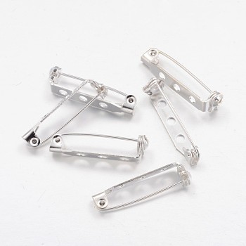 Iron Brooch Findings, Back Bar Pins, Silver Color Plated, 27mm long, 5mm wide, 7mm thick, hole: about 1.5mm, Pin: 0.8mm