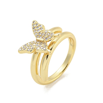 Rack Plated Brass Micro Pave Clear Cubic Zirconia Butterfly Finger Rings for Women, Lead Free & Cadmium Free, Long-Lasting Plated, Real 18K Gold Plated, US Size 7 3/4(17.9mm)