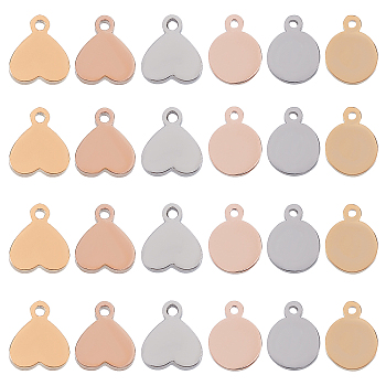 Unicraftale 304 Stainless Steel Stamping Blank Tag Charms, Manual Polishing, Flat Round & Heart, Mixed Color, 24pcs/box