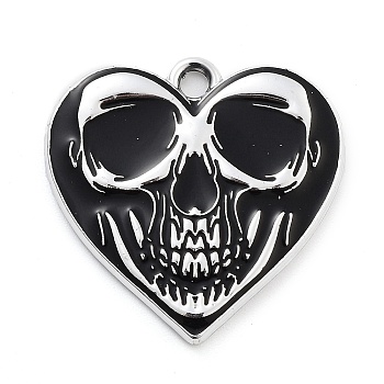 Halloween Alloy Enamel Pendants, Platinum, Skull Pattern, Heart, 21.5x22x1.5mm, Hole: 2mm