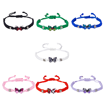 7Pcs 7 Colors Alloy Butterfly Link Bracelet, Polyester Cords Braided Adjustable for Women, Mixed Color, Inner Diameter: 1-5/8~3-1/4 inch(4.2~8.3cm), 1pc/color