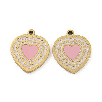 316 Surgical Stainless Steel Enamel Pendants, Heart Charm, Golden, Pink, 14x12x1.5mm, Hole: 1.2mm