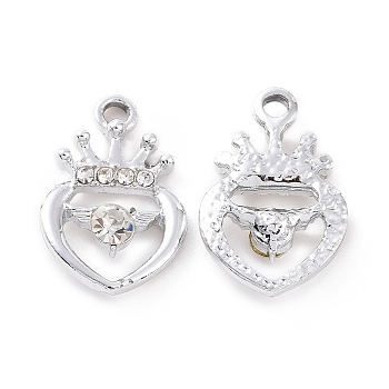 Alloy Rhinestone Pendants, Platinum Tone Crown Heart Charms, Crystal, 20x13x4mm, Hole: 2mm