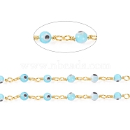 3.28 Feet Handmade Evil Eye Lampwork Round Beaded Chains, with Brass Findings, Unwelded, Long-Lasting Plated, Golden, Light Sky Blue, 12.5x2.8x4x1.5mm, Beads: 4mm(X-CHC-G009-A-G01)