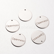 Spray Painted Stainless Steel Pendants, Flat Round with Words Openness, Stainless Steel Color, 20x1mm, Hole: 2mm(STAS-I048-C08)