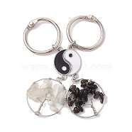 Wire Wrapped Natural Moonstone & Obsidian Tree of Life Split Pendant Decorations, with Alloy Enamel Yin-yang and Iron Rings, 75mm, 2pcs/set(KEYC-JKC00753)