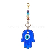 Evil Eye Lampwork Pandant Decorations, with Alloy Rhinestone Links and Stainless Steel Lobster Claw Clasps, Gemstone Chip Bead, Hamsa Hand, 116mm(HJEW-JM01001-04)