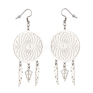 304 Stainless Steel Woven Net with Feather Dangle Earrings for Women, Stainless Steel Color, 85mm, Pin: 0.7mm(EJEW-JE05005)