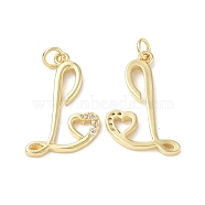 Eco-Friendly Rack Plating Brass Micro Pave Cubic Zirconia Pendants, Long-Lasting Plated, Lead Free & Cadmium Free, with Jump Ring, Capital Letter L with Heart Charm, Real 18K Gold Plated, 25.5x15.5x2mm, Hole 3.3mm(KK-F845-31G)