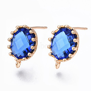 Brass Stud Earring Findings, with Glass and Loop, Long-Lasting Plated, Oval, Light Gold, Blue, 11.5x7.5mm, Hole: 1mm, Pin: 0.7mm(KK-S365-004A)