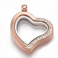 Alloy Magnetic Locket Pendants, with Rhinestone and Glass, Heart, Crystal, Rose Gold, 34x29x7mm, Hole: 2.5mm, Inner Measure: 16x20mm(PALLOY-T052-15RG)