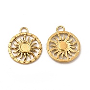 Ion Plating(IP) 304 Stainless Steel Pendant Cabochon Settings, Flat Round with Sun, Real 18K Gold Plated, Tray: 3mm, 15x12.5x1mm, Hole: 1.6mm(STAS-A070-16G)