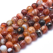Natural Striped Agate/Banded Agate Beads, Dyed, Faceted Round, Saddle Brown, 8mm, Hole: 1mm, about 48pcs/strand, 14.1 inch(36cm)(G-J371-07-8mm)