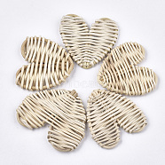 Handmade Reed Cane/Rattan Woven Beads, For Making Straw Earrings and Necklaces, No Hole/Undrilled, Heart, Antique White, 49~61x46~60x5~10mm(WOVE-T006-002B)