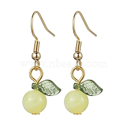 Acrylic Dangle Earrings, with 304 Stainless Steel Earring Hooks, Round with Leaf, Yellow, 32.5x12.5mm(EJEW-JE05749-05)