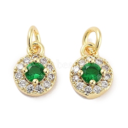 Brass Micro Pave Cubic Zirconia Charms, with Jump Ring, Flat Round, Real 18K Gold Plated, Green, 8x6x3mm, Hole: 2.5mm(KK-C051-12G-04)