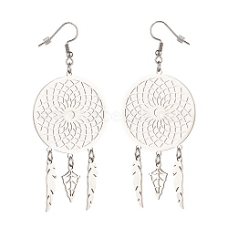 Tarnish Resistant 304 Stainless Steel Woven Net with Feather Dangle Earrings for Women, Stainless Steel Color, 85mm, Pin: 0.7mm(EJEW-JE05005)