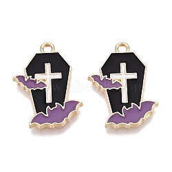 Halloween Theme Rack Plating Alloy Enamel Pendants, Golden, Coffin with Bat Charm, Medium Purple, 21.5x16x1.5mm, Hole: 1.6mm(X-ENAM-N056-357A)