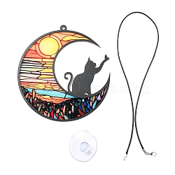 Opaque Acrylic Big Pendants, Leather Strap with Plastic Accessories, Moon with Cat, Colorful, 127x120x3.5mm, Hole: 4mm(MACR-D084-01E)