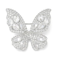 Butterfly Brass Cubic Zirconia Brooches , Platinum, 36.5x42.5mm(JEWB-Q013-01P)