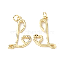 Eco-Friendly Rack Plating Brass Micro Pave Cubic Zirconia Pendants, Long-Lasting Plated, Lead Free & Cadmium Free, with Jump Ring, Capital Letter L with Heart Charm, Real 18K Gold Plated, 25.5x15.5x2mm, Hole 3.3mm(KK-F845-31G)