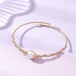 Copper Wired Pearl Cuff Bangles for Women, Round, Golden, Inner Diameter: 2.13 x2.60 inch(5.4x6.6cm)(BJEW-JB13438)