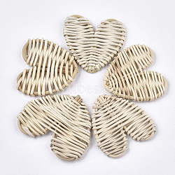 Handmade Reed Cane/Rattan Woven Beads, For Making Straw Earrings and Necklaces, No Hole/Undrilled, Heart, Antique White, 49~61x46~60x5~10mm(WOVE-T006-002B)