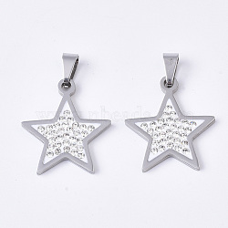 201 Stainless Steel Pendants, with Random Size Snap On Bails and Polymer Clay Crystal Rhinestones, Star, Stainless Steel Color, 23x20x2mm, Hole: 7~10x3~5mm(STAS-N089-96P)