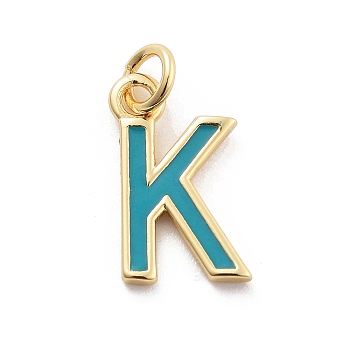 Rack Plating Brass Pendants, with Enamel and Jump Ring, Cadmium Free & Lead Free, Long-Lasting Plated, Real 18K Gold Plated, Letter, Letter K, 11.5x7x1mm, Hole: 2.5mm